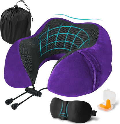 Travel Pillow, Memory Foam Neck Pillow for Traveling, U Shape Neck Pillow Airplane Portable Flight Pillow Travel Kit with 5D Contoured Eye Masks and Earplug for Plane Train Car Home Office