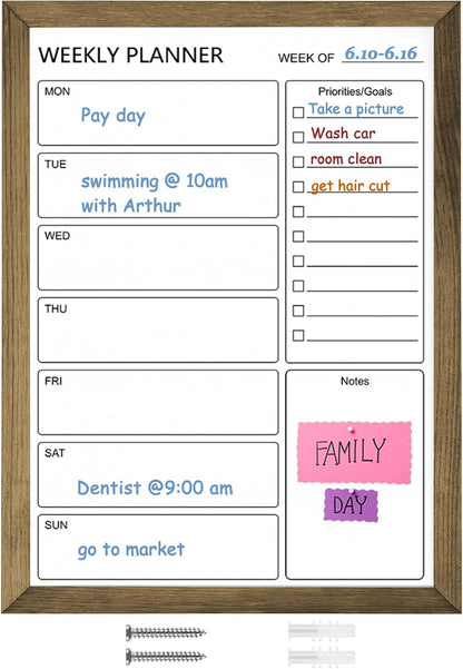 Dry Erase White Board Weekly Calendar Board, Magnetic Whiteboard for Wall,10.6“x14.7 Solid Wood Rustic Brown Framed Message Board, Planner Board for Office, Home, Schooll(Weekly-BB-RB-2737)