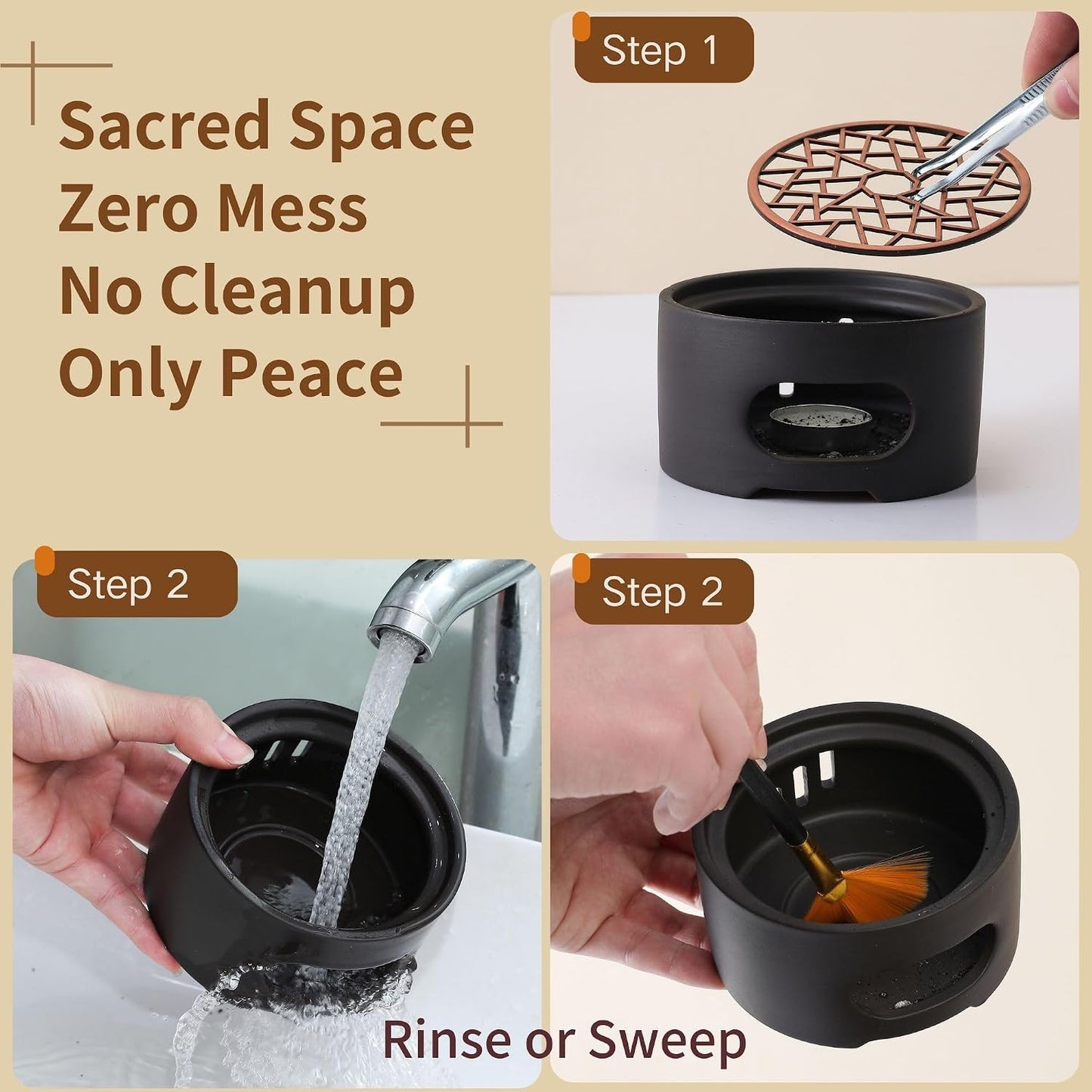 All-in-One Incense Holder for Burning Palo Santo & Sage Sticks & Insence-Stick and Cone & Candle, Lasting Burn Palo Santo & Sage Bundle & Loose Sage Leaves, Ash-Free, Wind-Resistant(Brown)