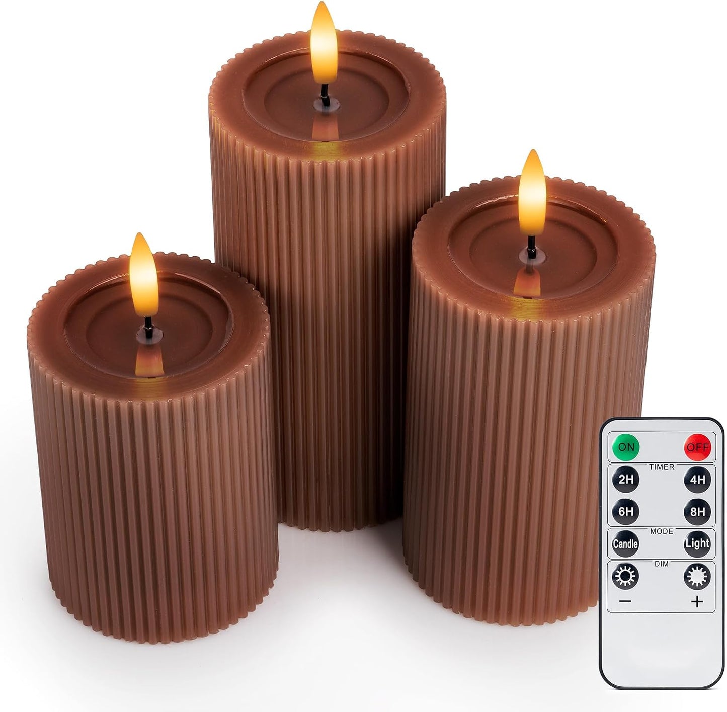 Ribbed Fluted Real Wax Flameless LED Pillar Candles, Loden Sage Olive Green, Melted-Wax Top Look, Flickering Flame, Battery Operated, Remote & Timer, Shelf & Wedding Decor (Set of 3)