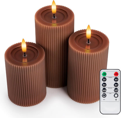 Ribbed Fluted Real Wax Flameless LED Pillar Candles, Loden Sage Olive Green, Melted-Wax Top Look, Flickering Flame, Battery Operated, Remote & Timer, Shelf & Wedding Decor (Set of 3)