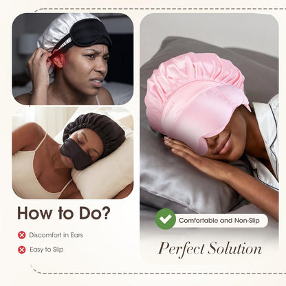 LC-dolida Satin Silk Bonnet for Sleeping Women Men, 2-in-1 Adjustable Hair Bonnet for Curly & Natural with Sleep Mask, Reduce Frizz, Lock in Moisture, Prevent Breakage and Tangles(Black)