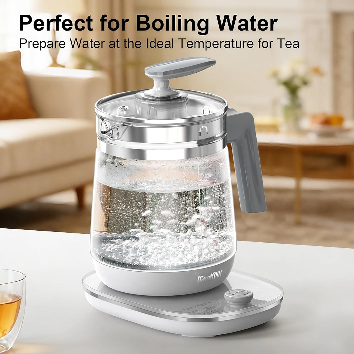 Electric Kettle 1.5L Borosilicate Glass, 1200W Temperature Control Tea Kettle with Auto Shut-Off & Boil-Dry Protection, BPA-Free Stainless Steel Base, Fast Boil for Coffee & Keep Warm, White