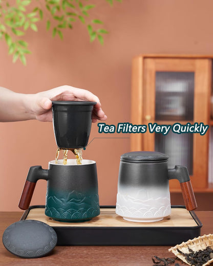 ZENS Embossed Ceramic Tea Mug with Infuser and Lid, 14.5 oz Wooden Handle, Loose Leaf Tea Steeper Cup & Strainer for Tea Lovers Gifts