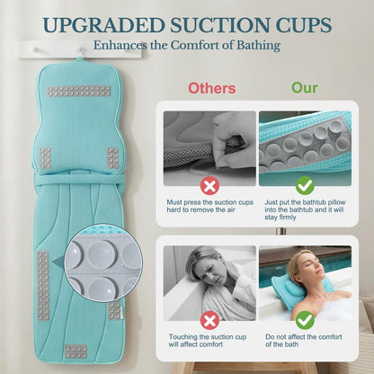 Extra Long Thick Full Body Bath Pillow for Tub with Lumbar Pillow- Luxury 4D Air Mesh Bathtub Pillow with Head, Shoulder & Back Support, Non-Slip Bath Cushion with Suction Cups (Gray)