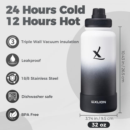 Lexlion Tea Infuser Water Bottle 32 Oz – Triple Wall Insulated Stainless Steel, Loose Leaf & Fruit Strainer, 3 Leakproof Lids, BPA-Free Silicone Sleeve, Reusable Thermal Mug