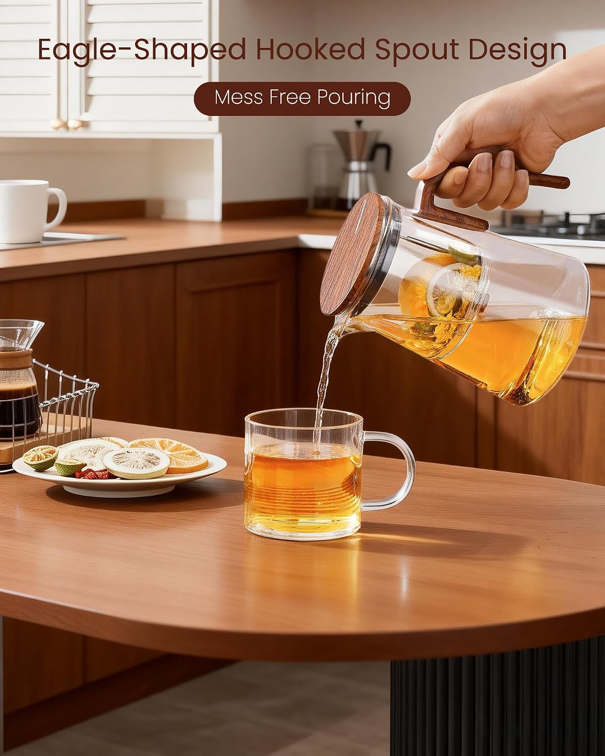ZENS Magnetic Tea Pot, Enchanted Glass Teapot with Infuser and Magnetic Suction Lid for Mess-Free Loose Tea Diffusers, Walnut Wood Handle, Tea Lovers Gifts