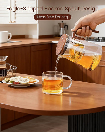 ZENS Magnetic Tea Pot, Enchanted Glass Teapot with Infuser and Magnetic Suction Lid for Mess-Free Loose Tea Diffusers, Walnut Wood Handle, Tea Lovers Gifts