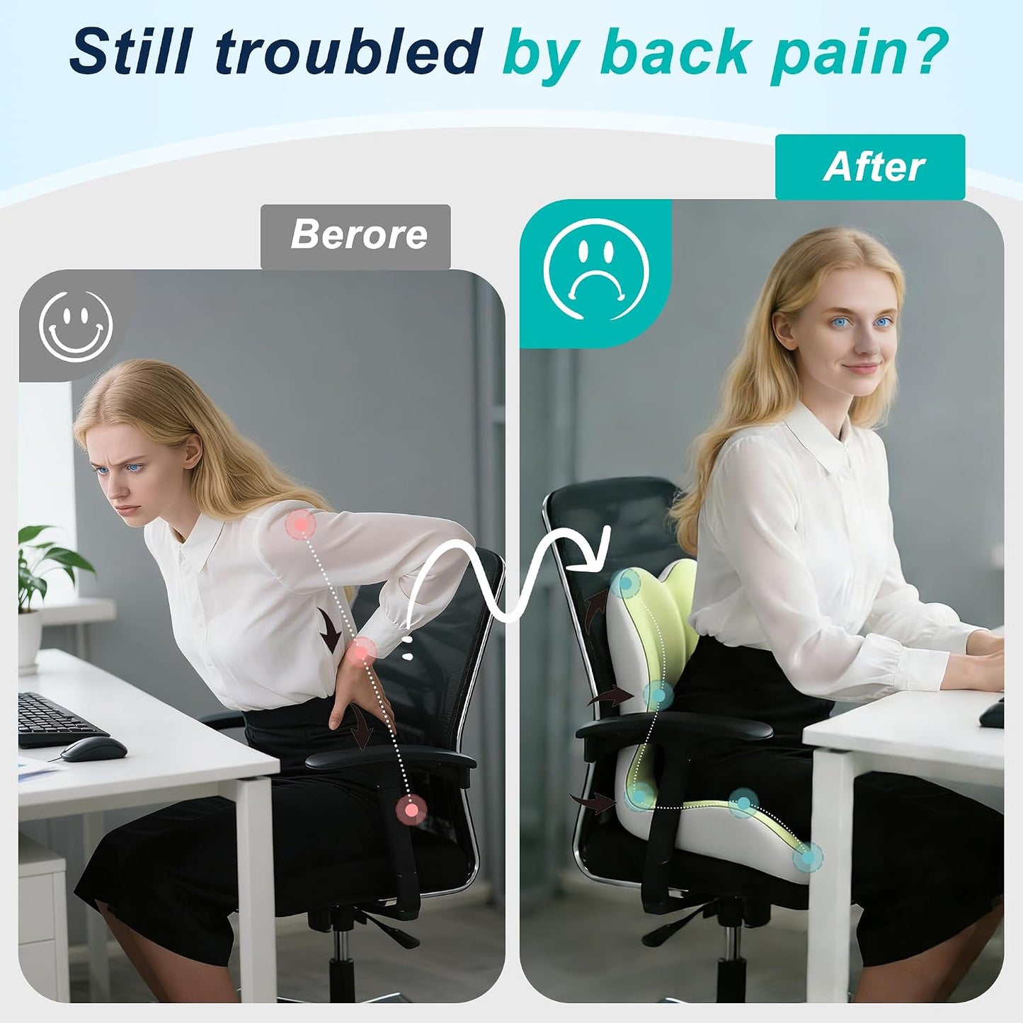 Seat Cushion for Office Chair and Car, Lumbar Support Pillow for Office Chair, Memory Foam Ergonomic Seat Cushion for Long Sitting, Back & Tailbone Pain, Sciatica - Dark Gray & Light Gray
