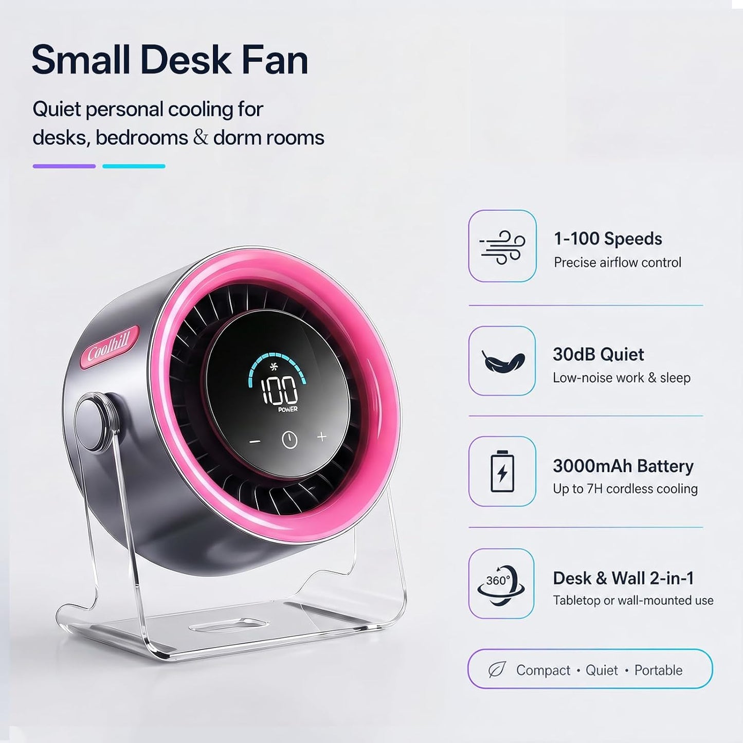 USB Desk Fan for Bedroom: 100 Speeds Digital Display Quiet Portable Fan with Turbo Airflow, 120° Rotating Small Rechargeable Battery Desktop & Wall-Mounted Fans for Bedroom Home Office