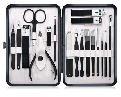 Professional Stainless Steel Nail Clipper Travel & Grooming Kit Nail Tools Manicure & Pedicure Set of 15pcs with Luxurious Case (Black/Yellow)