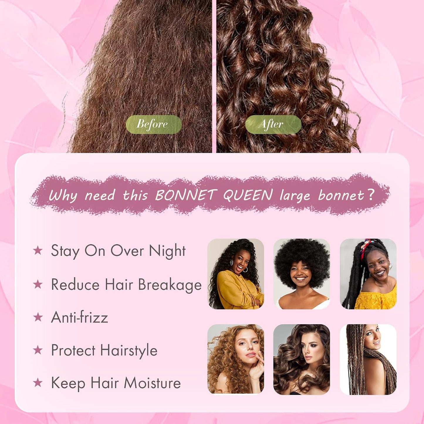 BONNET QUEEN Silk Bonnet for Sleeping for Women Satin Bonnet Night Cap for Curly Hair with Tie Band, Single Layer, Cream Pink