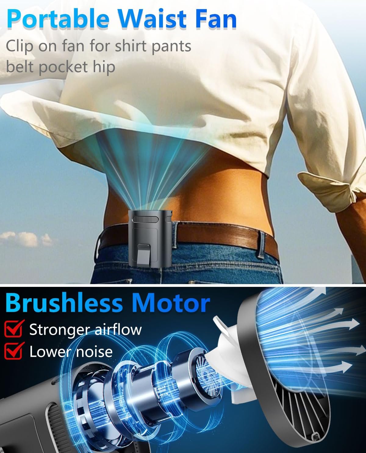 Portable Fan Clip on Pants-Personal Little Light Weight Waist Fan Coolclip Belt Hip Pocket Hard Hat,Wireless Wear Charging Battery Powered Quiet Undershirt Waist Band Coolclip Fans Adult Kid White