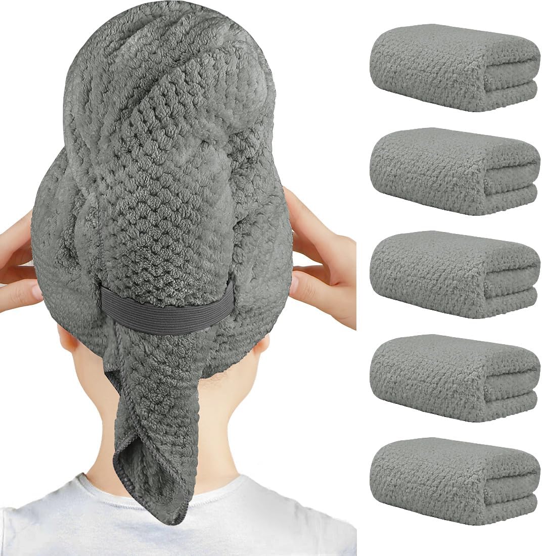HOMEXCEL 5 Pack Microfiber Hair Towels - 40 x 20 inches Super Soft, Fast Drying Turbans for Long, Thick, Curly Hair - Anti Frizz Wrap with Elastic Strap