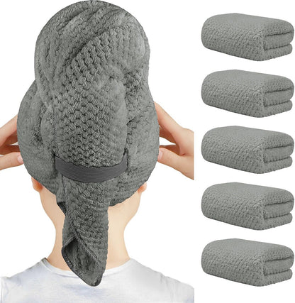 HOMEXCEL 5 Pack Microfiber Hair Towels - 40 x 20 inches Super Soft, Fast Drying Turbans for Long, Thick, Curly Hair - Anti Frizz Wrap with Elastic Strap