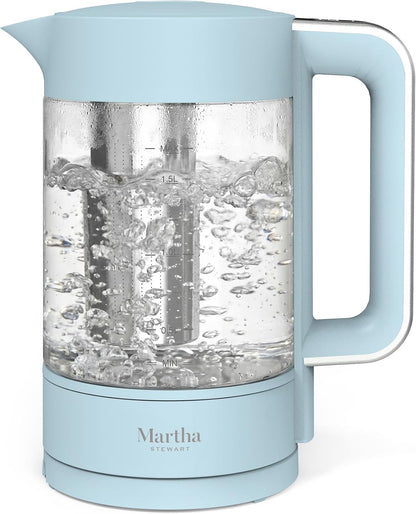 Martha Stewart Electric Kettle with Removable Stainless Steel Tea Infuser, Glass Carafe 1.7L (7 Cups), Hot Water Boiler, 4 Presets, Keep Warm & Auto Shut-Off, Cordless 360° Swivel Base, Honeydew Green