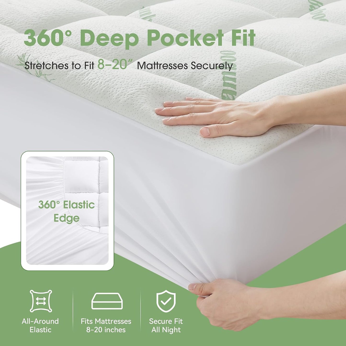 Mattress Pad Queen Size, Cooling Pillow Top Mattress Topper, Ultra Soft Viscose Made from Bamboo, Breathable for Hot Sleepers, Deep Pocket 8"-20", Green