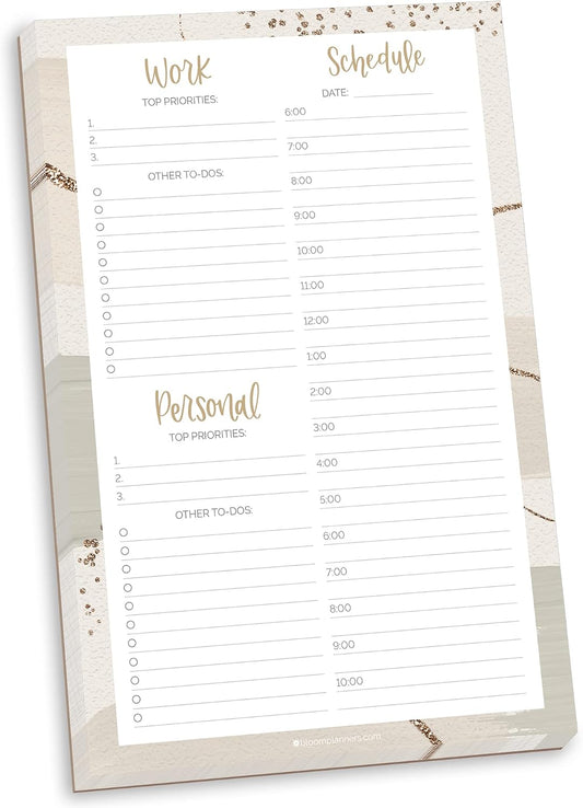 bloom daily planners Timed Work & Personal To Do List Planning Pad - ADHD Friendly Undated Tear-Off Hourly Checklist Notepad Appointment Organizer - 6" x 9" - Brushed Beige