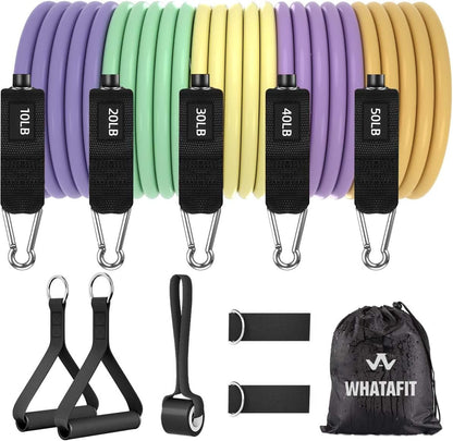 WHATAFIT Resistance Bands, Exercise Bands, Workout Bands with Handles, Door Anchor and Ankle Straps, 5 Resistance Levels Fitness Bands for Strength Training, Physical Therapy, and Home Gym Equipment