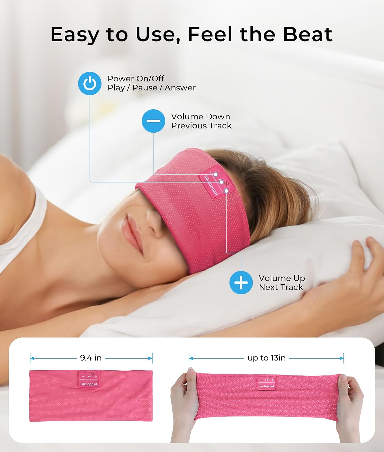 ink-topoint Sleep Headphones Bluetooth 5.4 Headband, 2 in 1 Sleep Mask with Bluetooth Headphones, Wireless Headband Earphones with Ultra-Thin HD Stereo Speaker, Music Headband for Workout Running Yoga