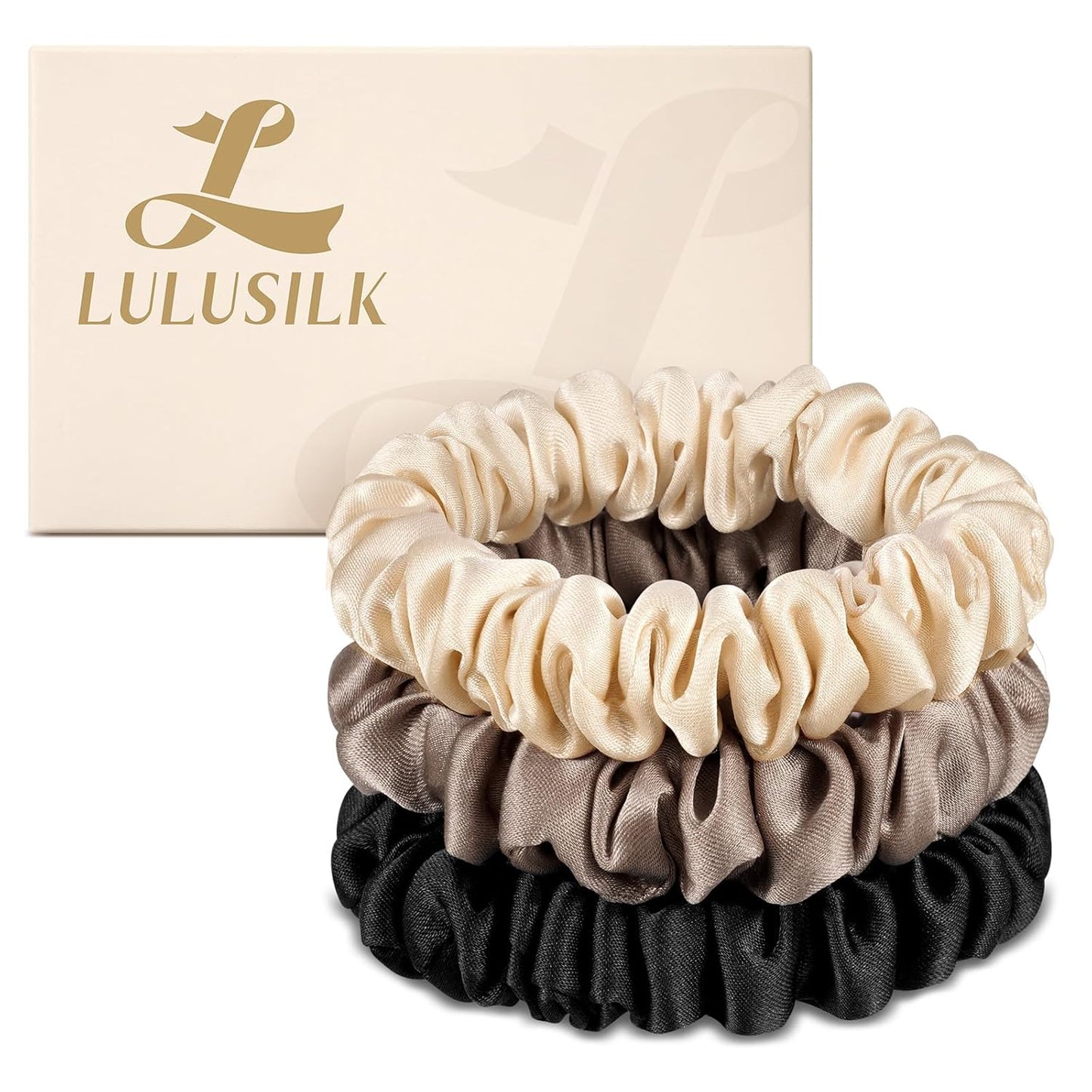 LULUSILK Small Silk Hair Ties No Damage, 100% Real Mulberry Silk, Skinny Scrunchies Ponytail Holders for Thin Fine Hair, Brown, Pack of 3