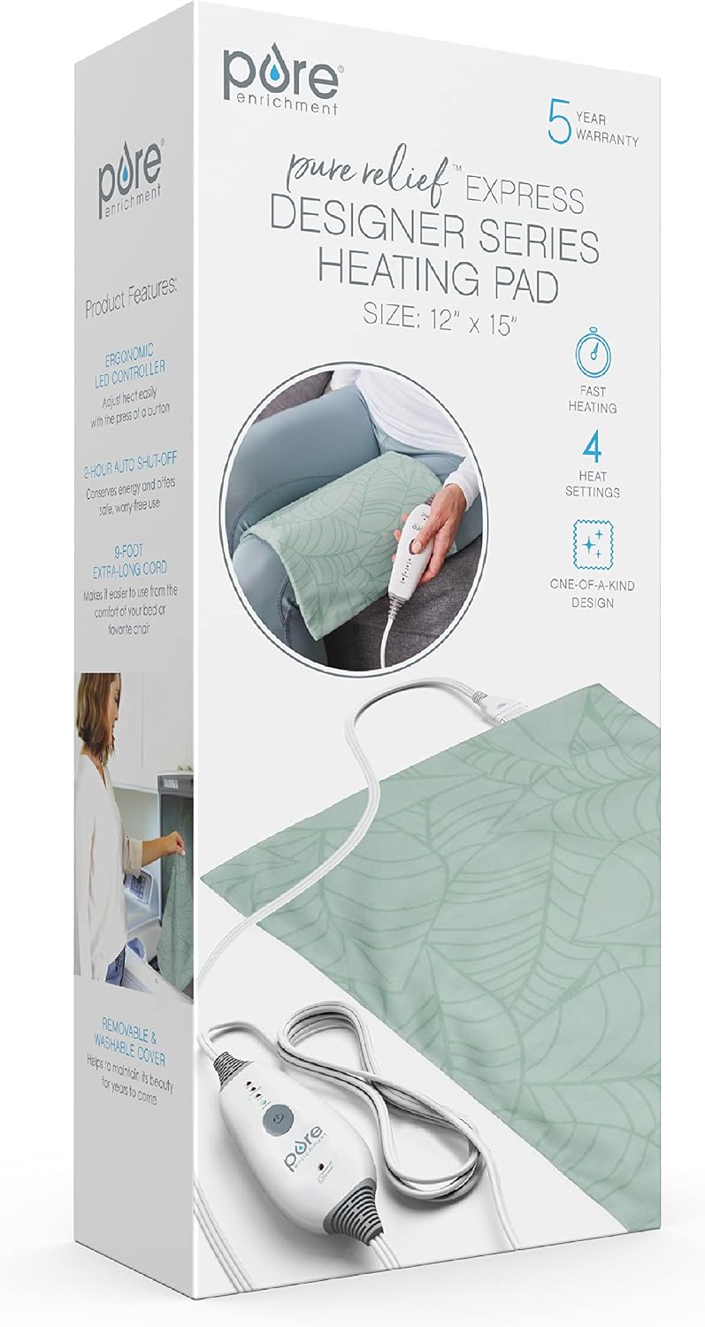 Pure Enrichment PureRelief Express Designer Series Electric Heating Pad - 12” x 15” Fast-Heating with 4 Heat Settings, Machine-Washable Fabric, & 2-Hour Auto Safety Shut-Off - Cerulean Diamond