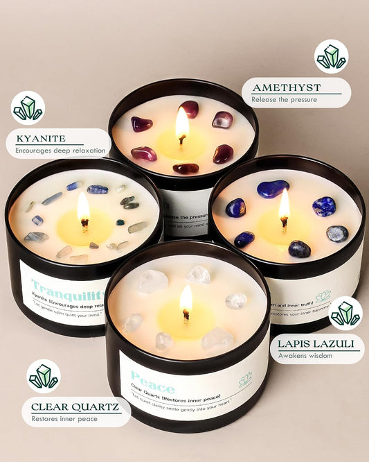 AOOVOO Crystal Energy Candles Set for Women - 4 Pack 26 oz Soy Wax Candles for Home Scented, 200 Hour Long Lasting Candle, Laughter Red Crystal/Love Rose Quartz/Joy Citrine/Passion Red Quartz