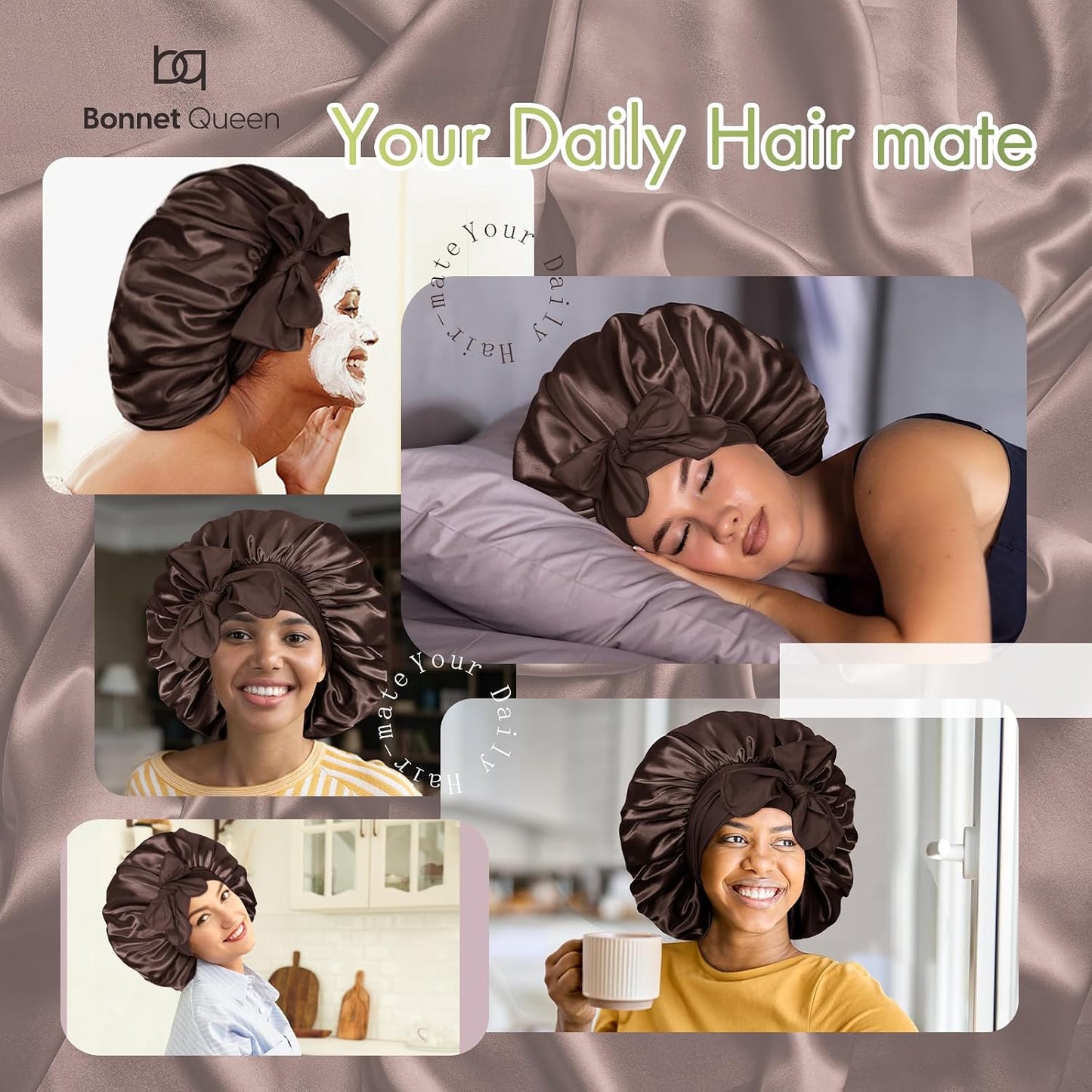 BONNET QUEEN Silk Bonnet for Sleeping for Women Satin Bonnet Night Cap for Curly Hair with Tie Band, Single Layer, Cream Pink