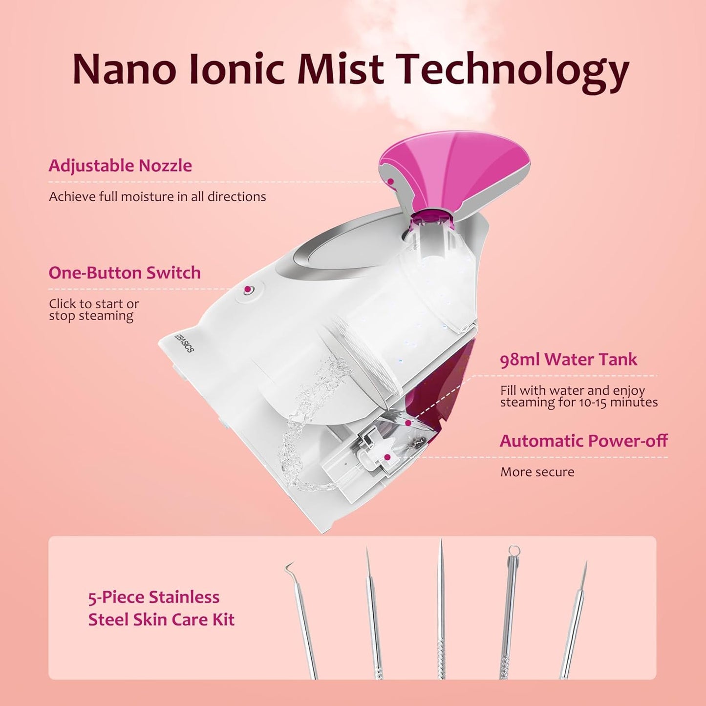EZBASICS Facial Steamer - Professional Nano Ionic Face Steamer for Facial Deep Cleaning, Warm Mist Humidifier for Home Spa, Unclogs Pores Sinus, Bonus 5 Piece Stainless Steel Skin Kit (Blue)