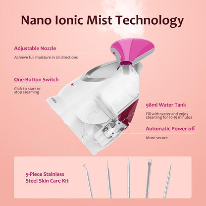 EZBASICS Facial Steamer - Professional Nano Ionic Face Steamer for Facial Deep Cleaning, Warm Mist Humidifier for Home Spa, Unclogs Pores Sinus, Bonus 5 Piece Stainless Steel Skin Kit (Blue)