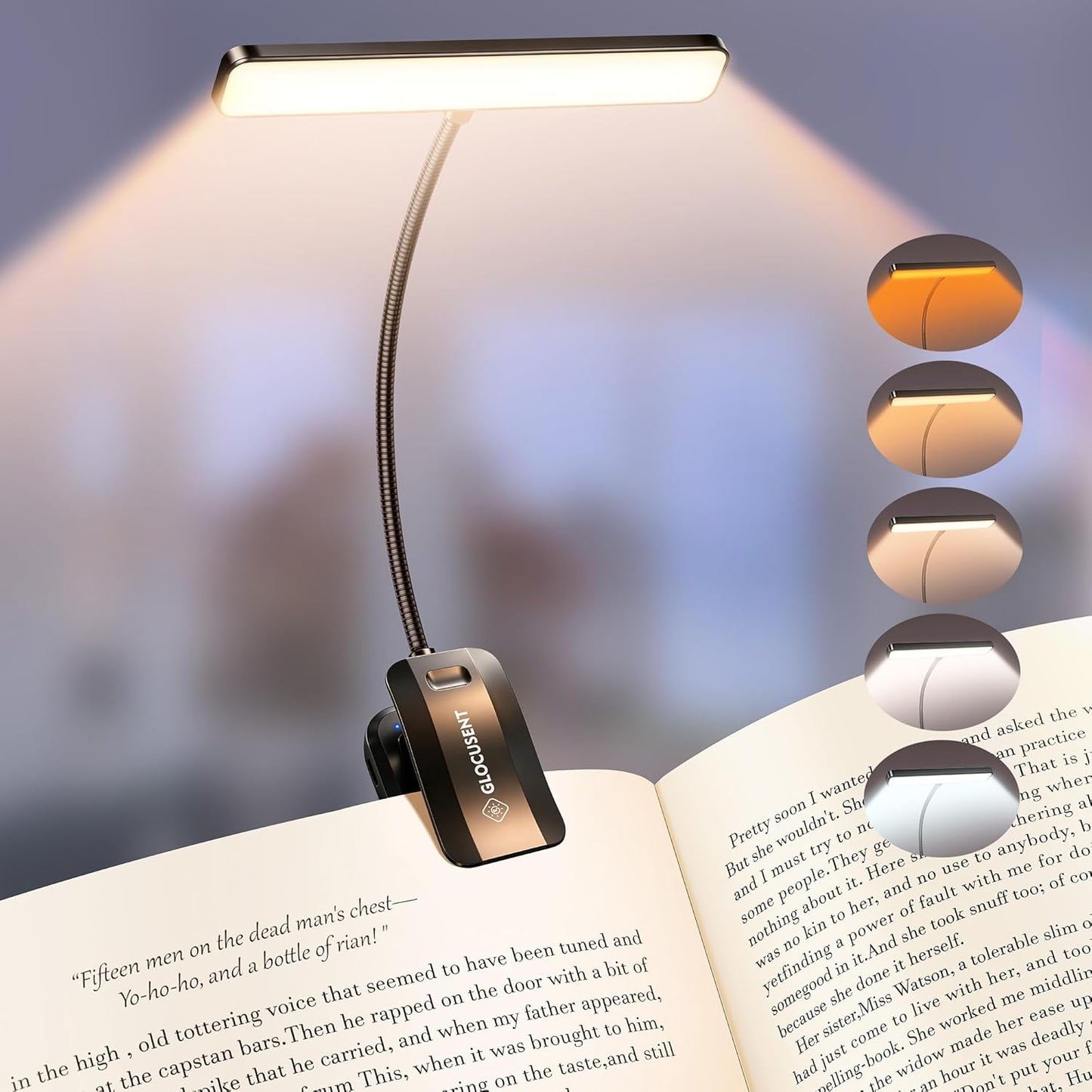 Glocusent 26 LED Rechargeable Book Light for Reading in Bed, Eye-Caring 5 Amber Colors and Stepless Dimming, Lasts 1 Week to a Months, Travel Clip on Lamp Gifts for Book Lovers, Men, Women & Kids