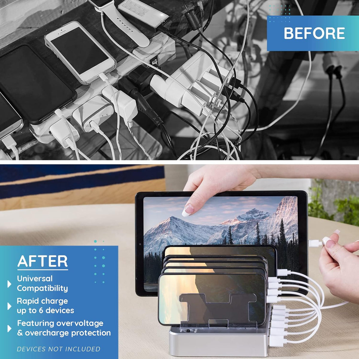 Fast Charging Station for Multiple Devices, 6-Port USB Charging Dock White