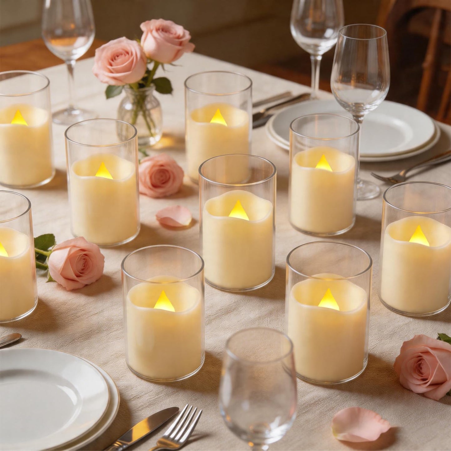 24 Pcs LED Flameless Candles with Remote, 3D Flickering Flame & LED String Lights, Acrylic Clear Cylinder, Timer Function, Romantic Ambience for Home Decor, Party, Wedding (Ivory).