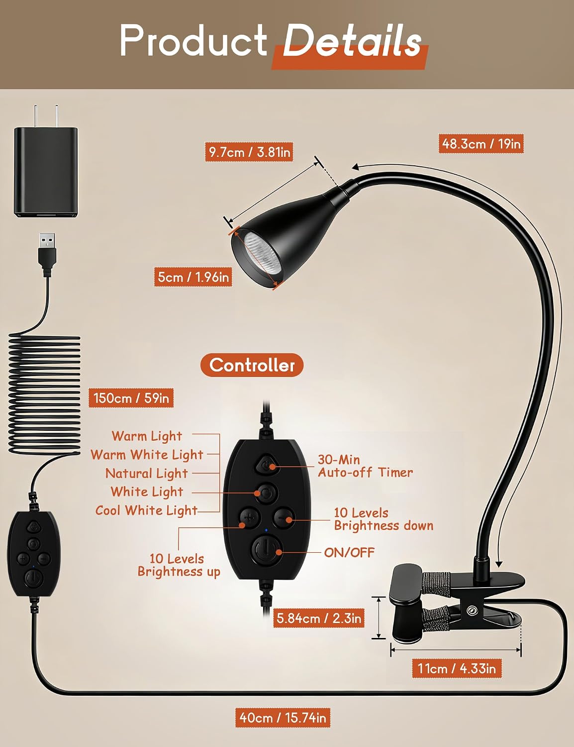 Reading Light for Book in Bed, Clip on Light Reading Lamp with Adapter, 5 Color Modes 10 Brightness, 360° Flexible Eye-Caring Clip on Desk Lamp Book Light for Reading in Bed Headboard Bedside Bedroom