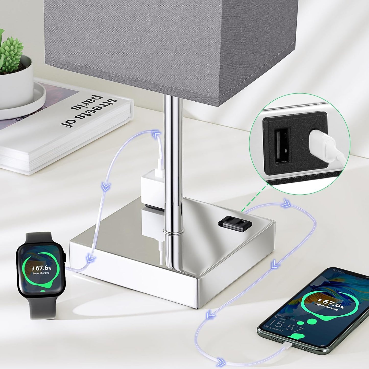 Touch Bedside Table Lamp for Bedroom - Dimmable, USB C+A, 2 AC Outlets