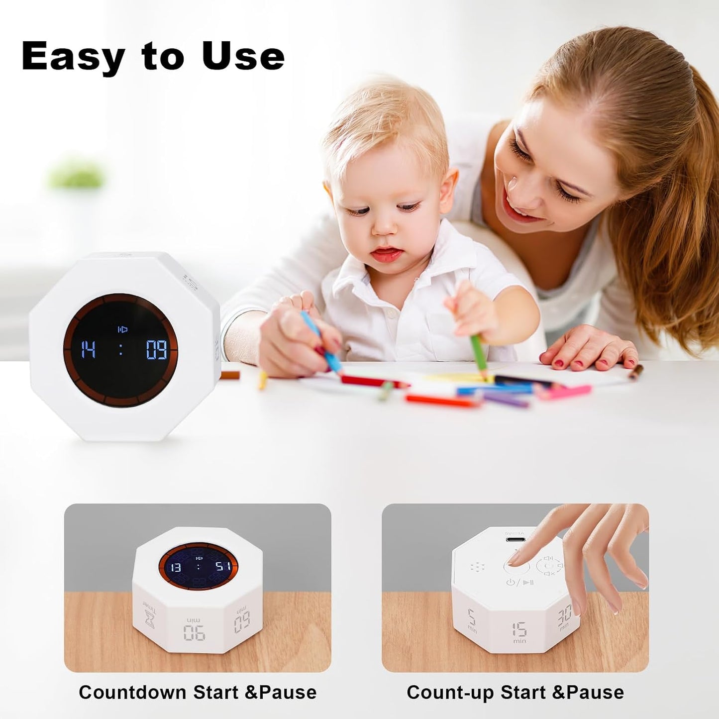Small Rechargeable Pomodoro Timer, Gravity Sensor Auto-Rotating 7 Preset Times (1/3/5/15/30/60/90 min) & Count Up Mode, Digital Kitchen Timers for Cooking, Work and Study (Space Gray)