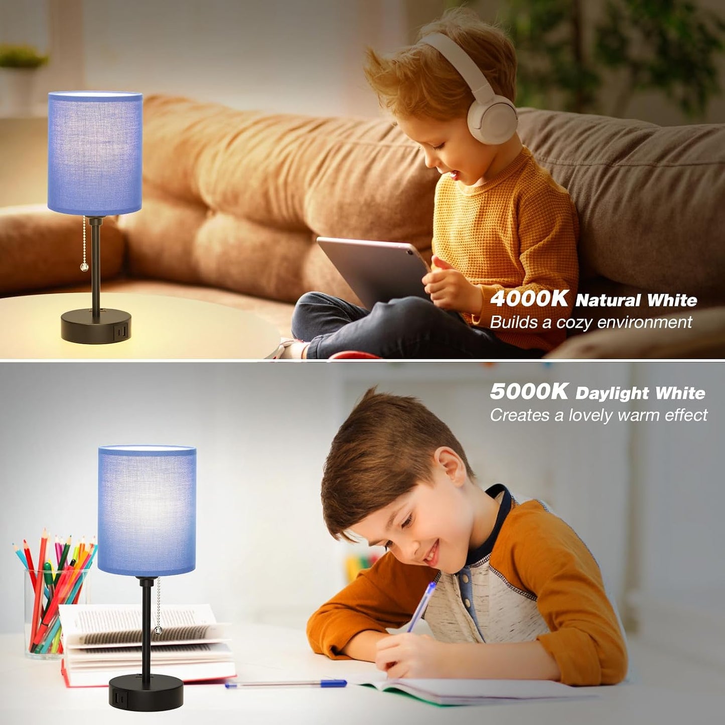 Small Bedside Table lamp for Bedroom - 3 Color Temperatures Bedside Lamps with USB C and A Ports, Pull Chain Table Lamps with AC Outlet, White Nightstand Lamps with Black Metal Base for Kids Reading