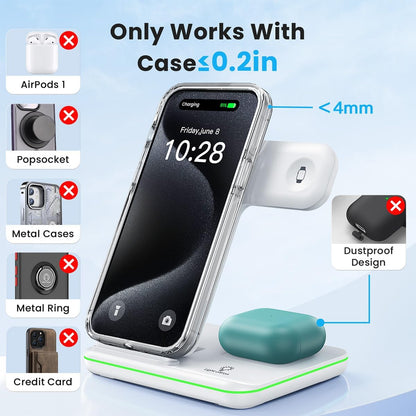 WAITIEE Foldable Wireless Charger for iPhone 17 16 15 14 13 12 11 X 8, 3 in 1 Charging Station for Apple Watch & for AirPods(White)