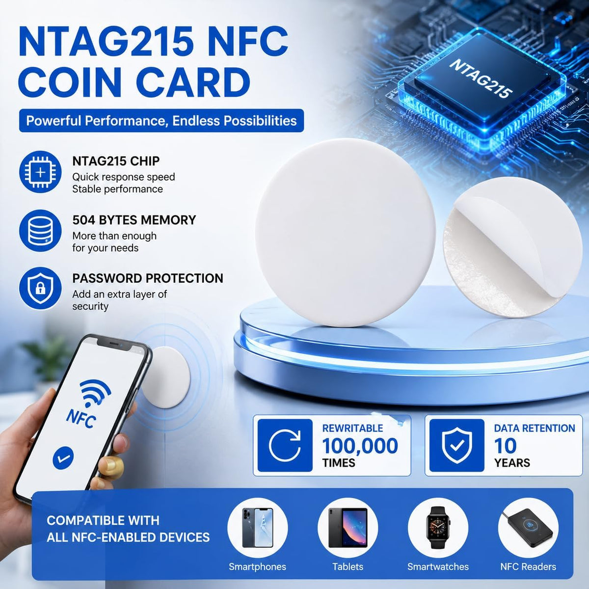 NTAG215 Blank NFC Coin Tags, 25mm Round Programmable 504 Bytes