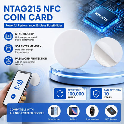 NTAG215 Blank NFC Coin Tags, 25mm Round Programmable 504 Bytes