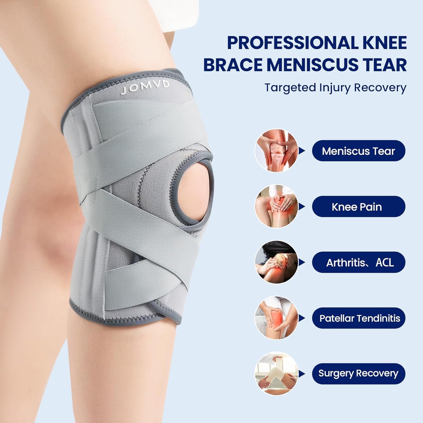 JOMVD Knee Brace for Knee Pain, Meniscus Tear, Adjustable Knee Support with Side Spring Stabilizers for ACL, MCL, Arthritis, Patella Stability, Knee Pain Relief, Injury Recovery, Women and Men, Medium