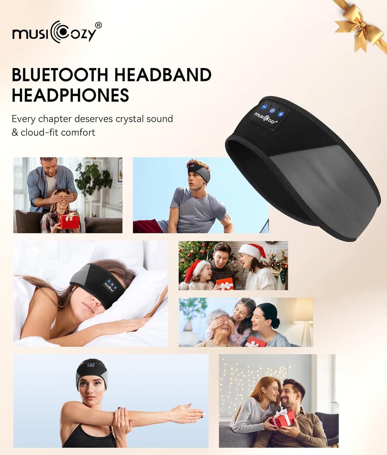 MUSICOZY Sleep Headphones Bluetooth 5.4 Headband, Wireless Earphones Music Sleep Earbuds Sleeping Eye Mask with HD Stereo Speakers for Workout Running Travel Yoga, Ideal Gifts for Men Women Mom Dad