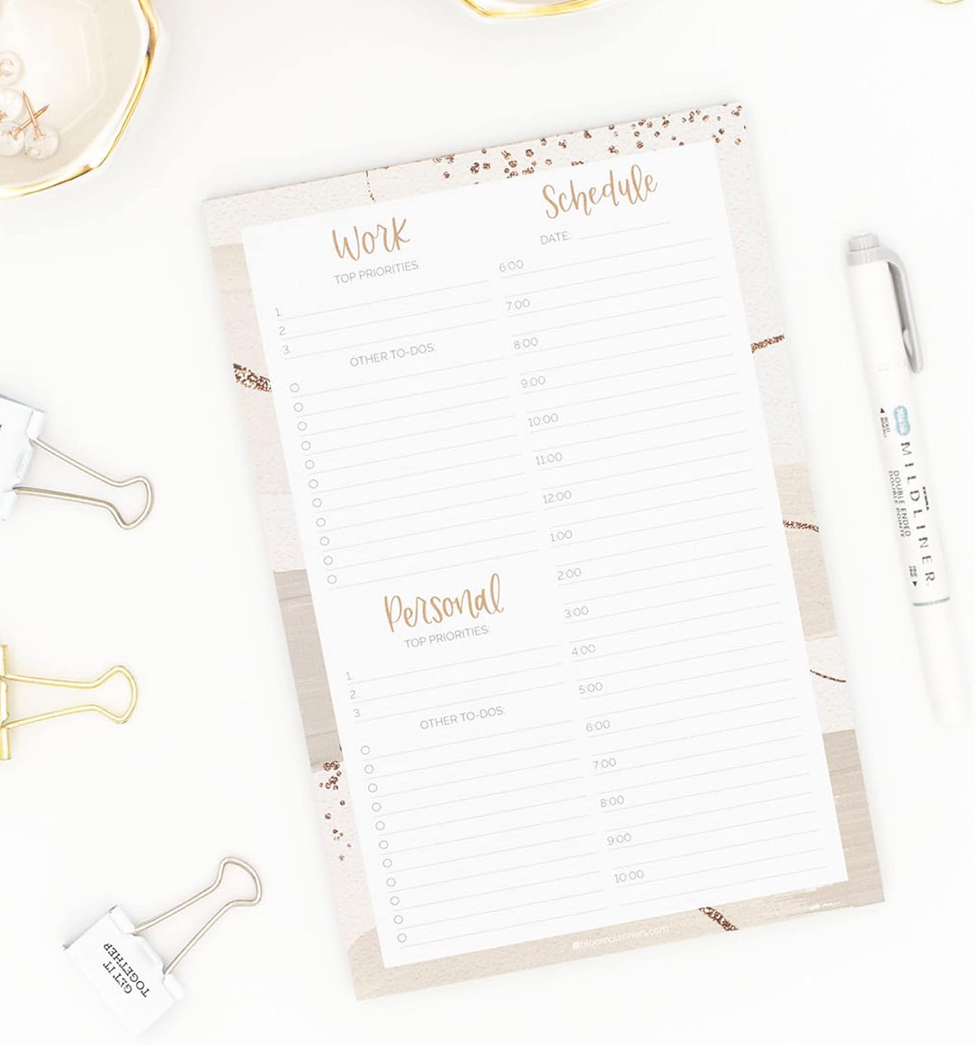 bloom daily planners Timed Work & Personal To Do List Planning Pad - ADHD Friendly Undated Tear-Off Hourly Checklist Notepad Appointment Organizer - 6" x 9" - Brushed Beige