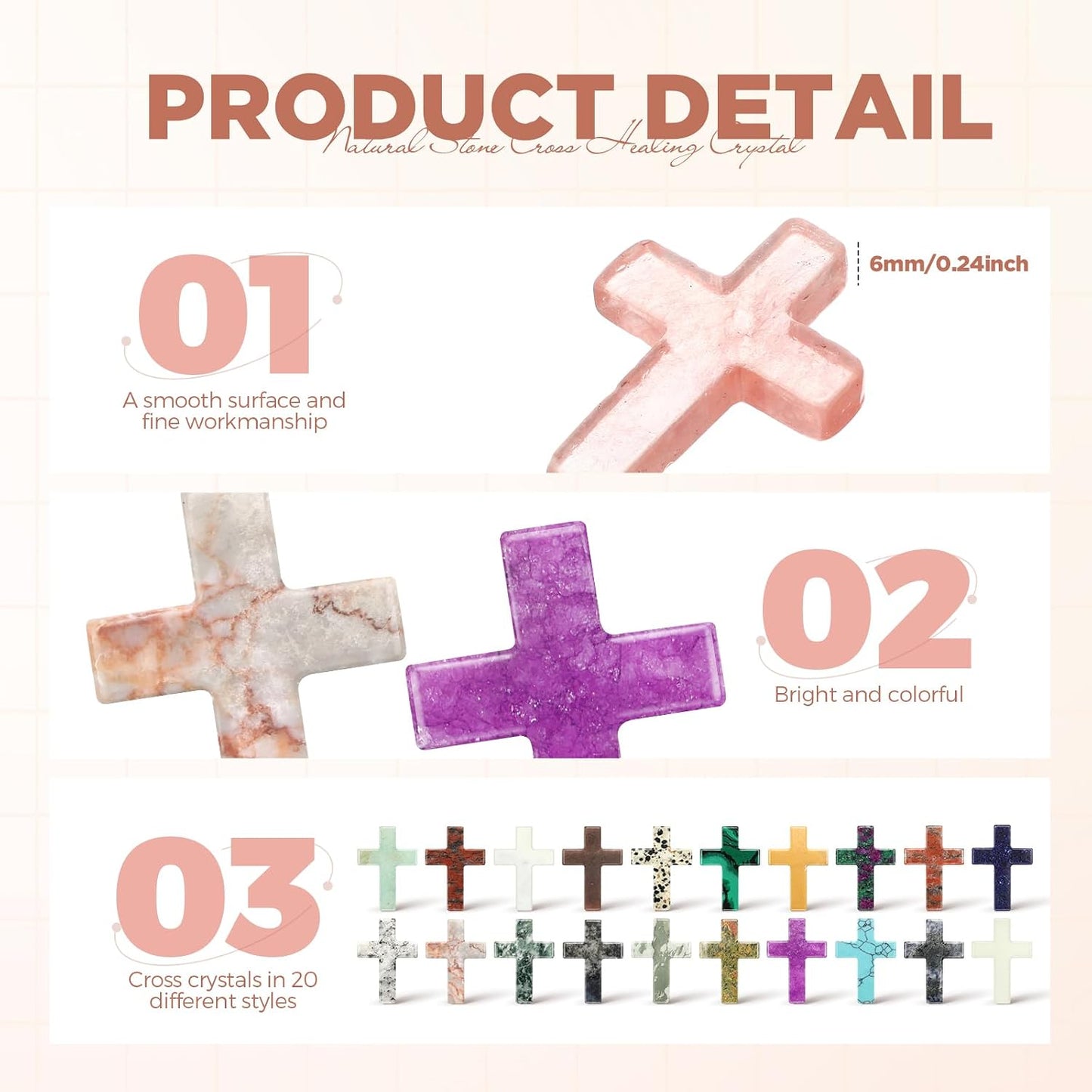 Nuenen 50 Pcs Cross Charm for Women Man Celebration Grad Decor Crystal Pocket Cross Necklace Natural Worry Stone Gift for Jewelry Making Craft Festival Decor(0.71 x 0.98 x 0.24 Inch,Fresh)