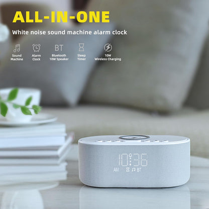 Sound Machine Alarm Clock for Bedrooms: Bluetooth 10W Stereo Sound Speaker with Wireless Charging - White Noise Machine for Sleeping with 21 Soothing Sounds - Putty