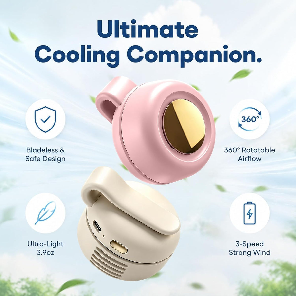 Portable Clip-On Fan, Mini Bladeless Waist Fan, 5100RPM 25dB Ultra-Quiet 3-Speed Rechargeable Small Whirlwind Fan, Hands-Free Personal Cooling for Outdoor Travel Office Camping with USB-C