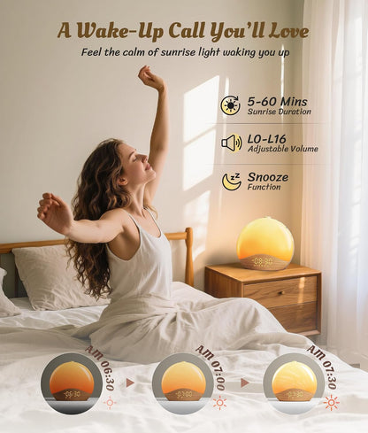ecozy Sunrise Alarm Clock, White Noise Sound Machine, Alarm Clock for Bedrooms, 26 Soothing Sounds, 17 Night Lights, Bluetooth Speaker, Sunrise Wake-Up Light for Heavy Sleepers, Adults, Kids