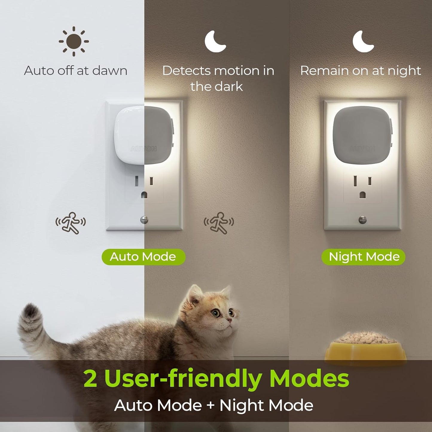 AUVON 4 X Plug-in LED Backlit Night Light with Motion & Dusk to Dawn Sensor | 2200K Soft Warm White Nightlight with 1-50lm Dimmable Brightness for Adults & Kids' Bedroom, Bathroom, Hallway