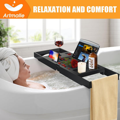 Artmalle Luxury Bathtub Caddy Tray for Tub - Foldable Bamboo Bath Table Tray with Book and Wine Glass Holder, Expandable Bathroom Accessories for Spa or Reading Lite Style