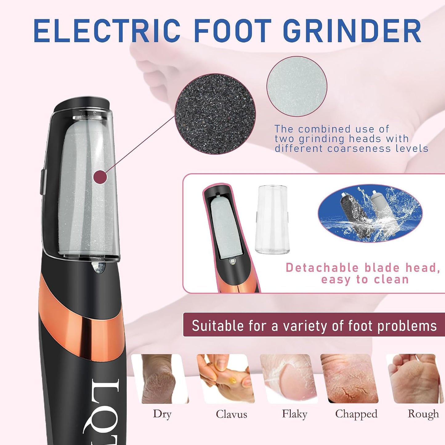 LQT® Electric Foot File – Rechargeable Callus Remover for Hard, Cracked Skin – At-Home Pedicure Kit for Smooth Feet (Men & Women) (White)